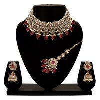Floral Bridal Necklace | Floral Beaded Necklace| Floral Jewelry Set| Bridal Reverse Ad Necklace| Kundan Floral Necklace - Color: Rani Pink
