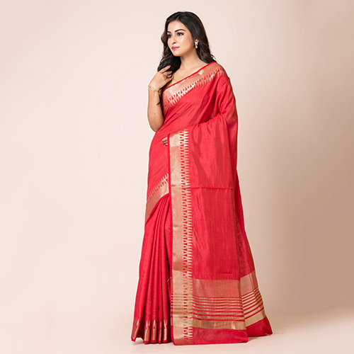 Ladies Red Silk Saree - Pattern: Plain