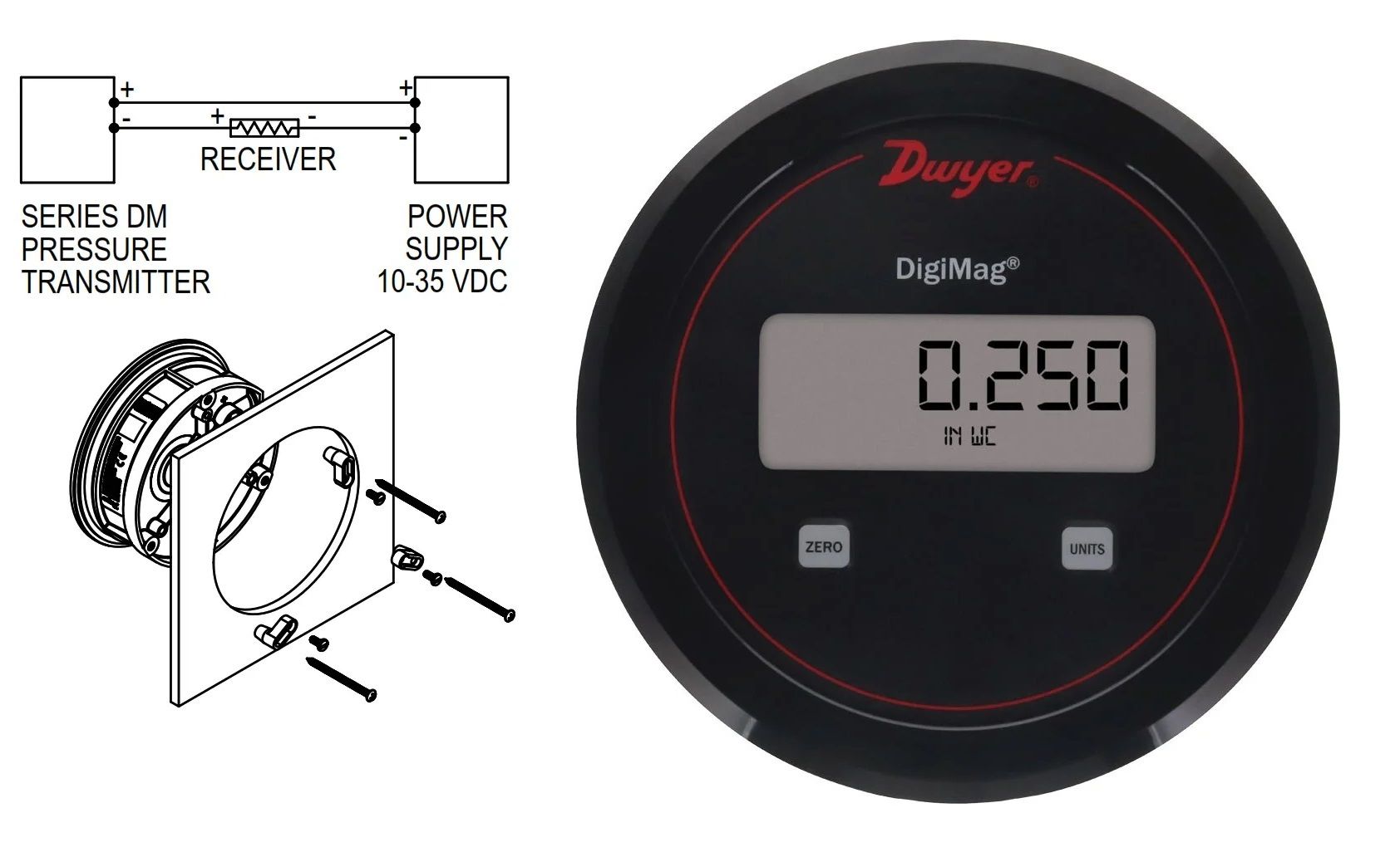 Dwyer DM-005 DigiMag Differential Pressure Transmitter Range 0-2 Inch WC