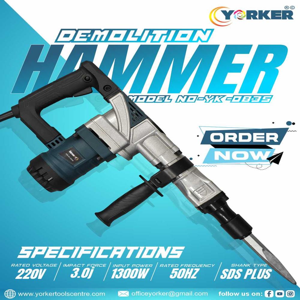 Demolition Hammer - Mild Steel, 1500W Input Power , Yellow and Black Finish, 230-240V Electric, Variable Speed Feature for Heavy-Duty Tasks