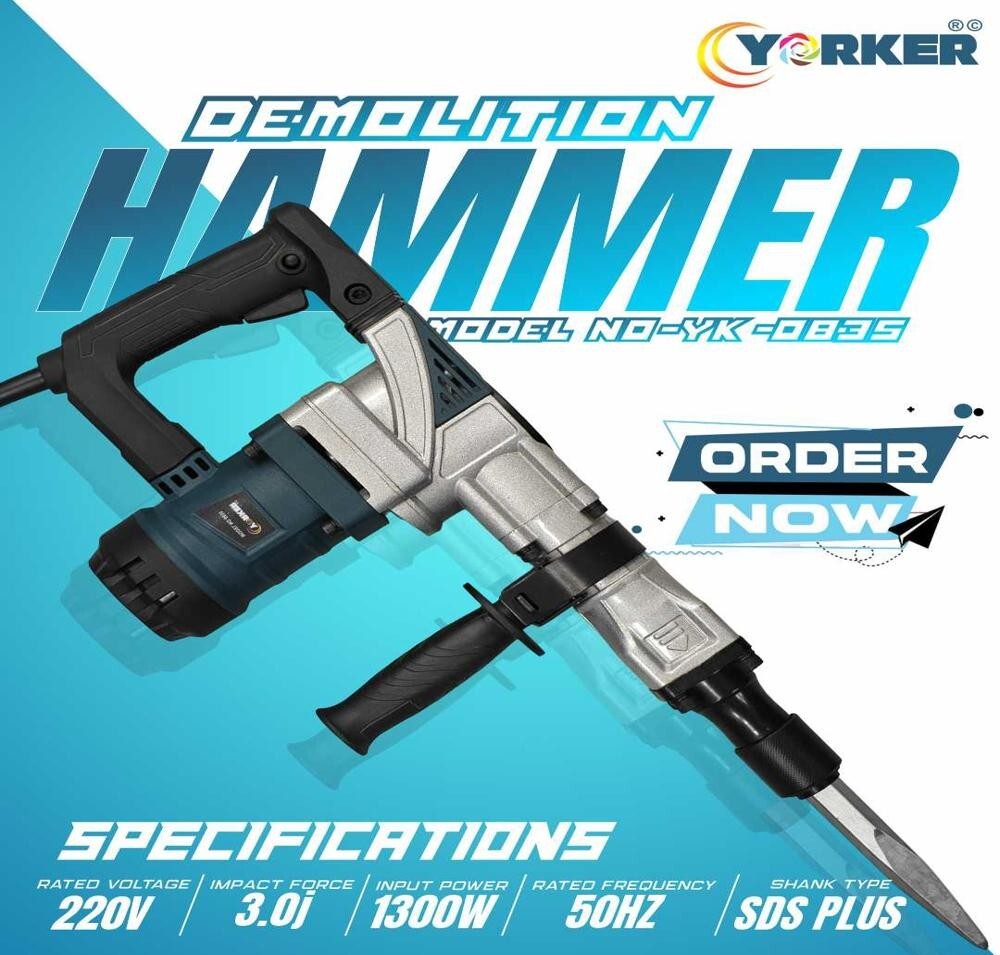 Demolition Hammer - Mild Steel, 1500W Input Power , Yellow and Black Finish, 230-240V Electric, Variable Speed Feature for Heavy-Duty Tasks