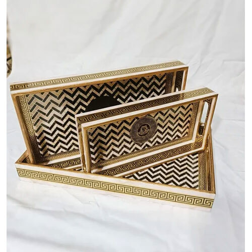 Golden Wooden Serving Tray Set