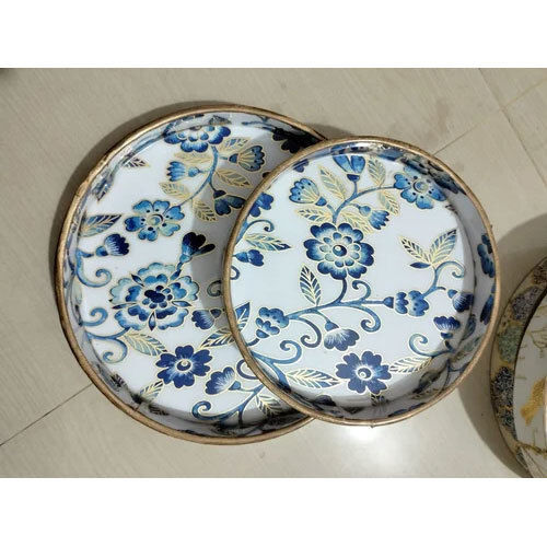 Pine Wood Printed Serving Tray Set - Color: White (Base)