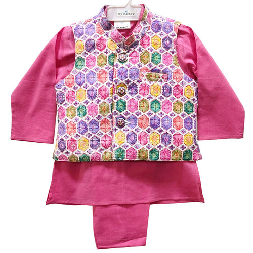 Kids Pink Casual Basic Jacket Kurta Payjama And Dhoti