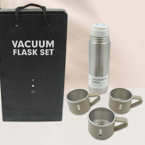 Stainless Steel Vacuum Flask Set with 3 Steel Cups Combo