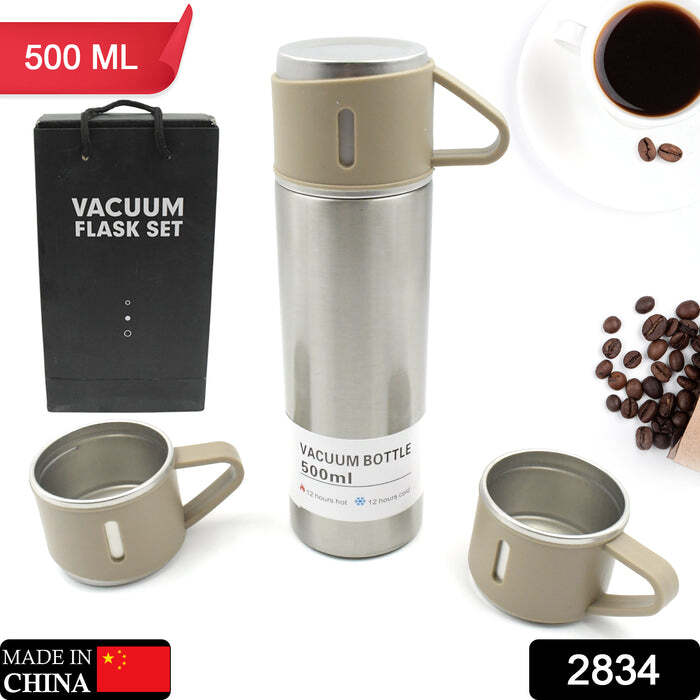 Stainless Steel Vacuum Flask Set with 3 Steel Cups Combo