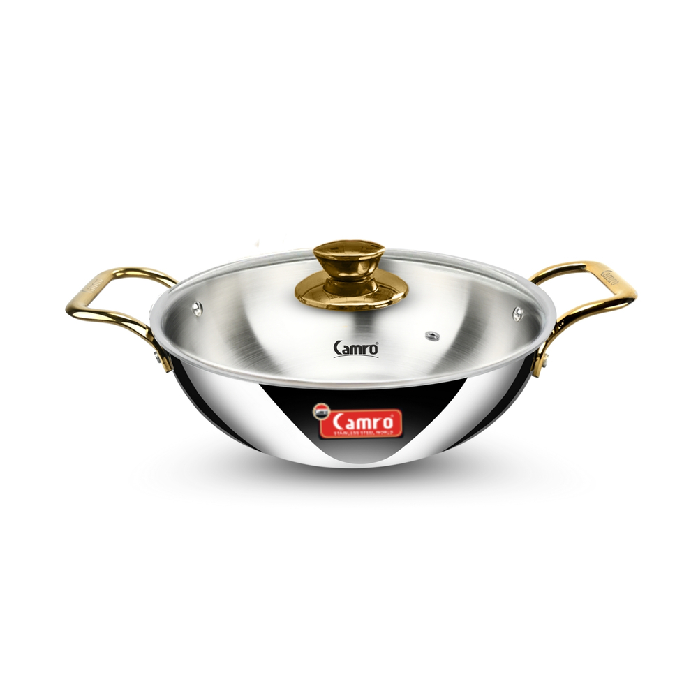 Triply Kadhai Golden Handle with Glass Lid 18 cm.