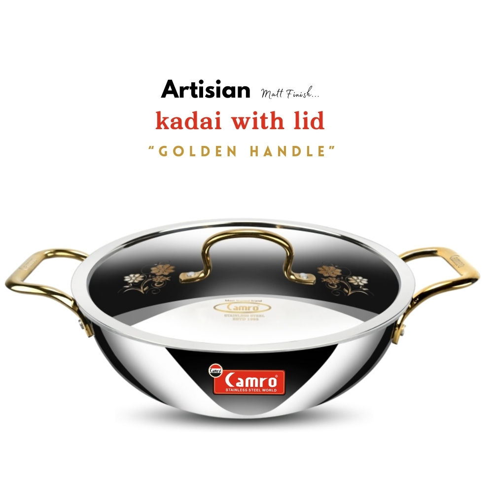 Triply Kadhai Golden Handle with Lid 18 cm.