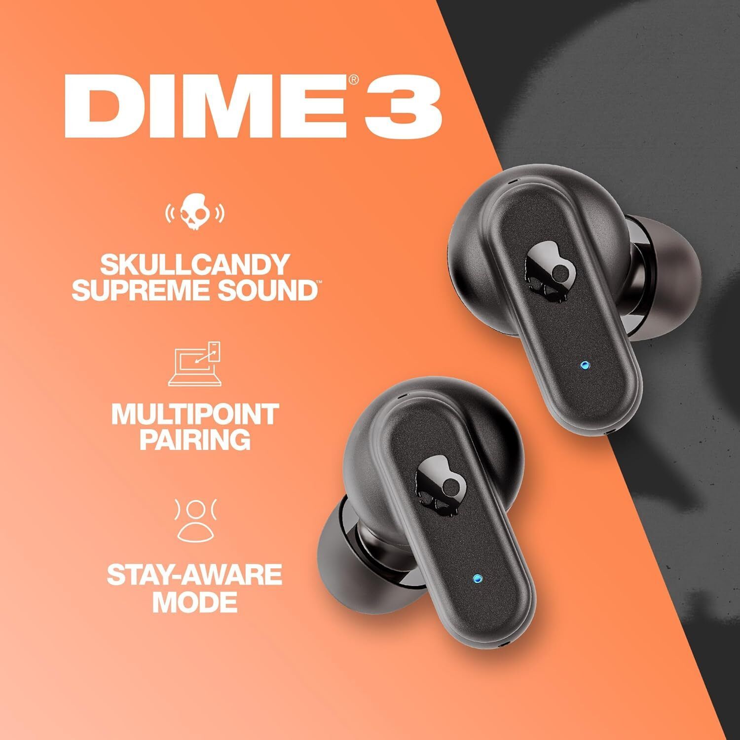 Skullcandy Dime 3 in-Ear Wireless Earbuds,Multipoint Pairing, 20 Hr Battery, Microphone- Black