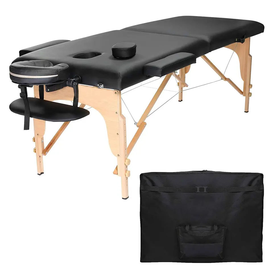 Portable Folding Lightweight Foam Padding Leather Cover Massage Bed with Carrying Bag (Black)