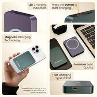 Ambrane Mini Power Bank for iPhone 15, 14, 13, 12 Series, Wireless Power Bank (Aerosync PB5, Purple)