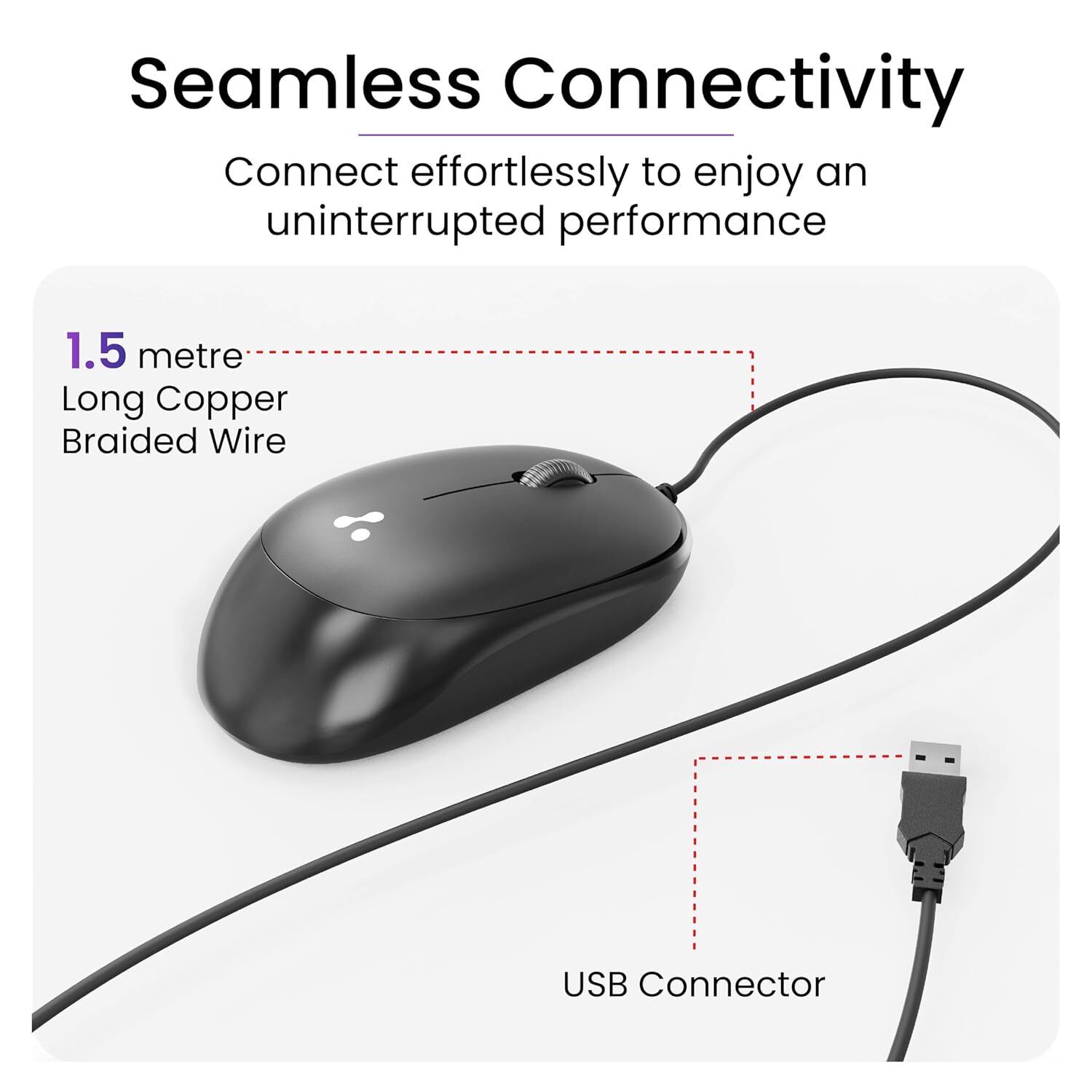 Ambrane Wired USB Mouse, Plug & Play, Clickable Scroll Wheel, Ergonomic Mouse (Sliq 2 Wired)