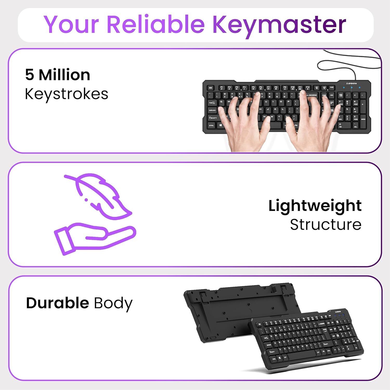 Ambrane Wired Keyboard, Plug and Play USB Connection Ergonomically Design (Keyflex)