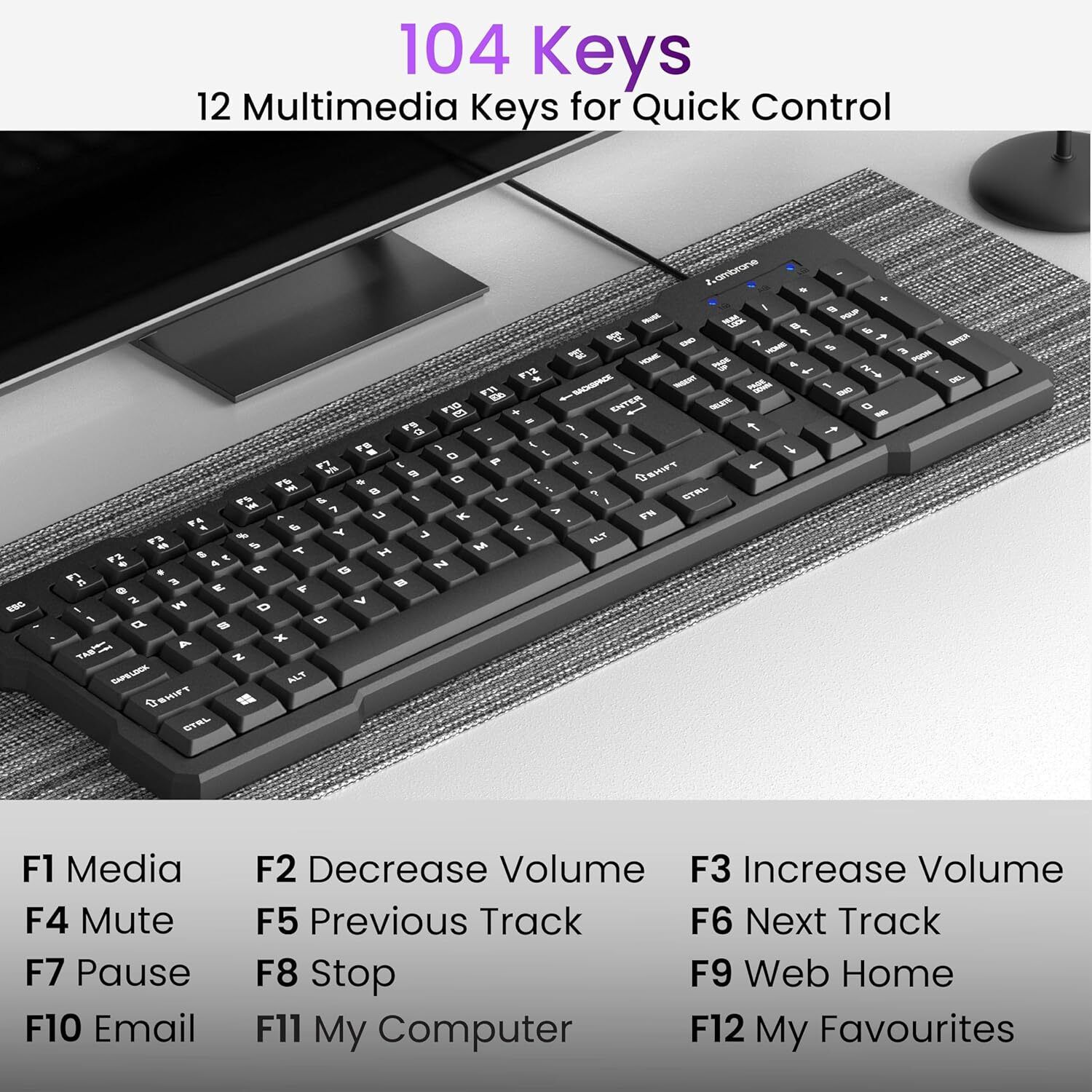 Ambrane Wired Keyboard, Plug and Play USB Connection Ergonomically Design (Keyflex)