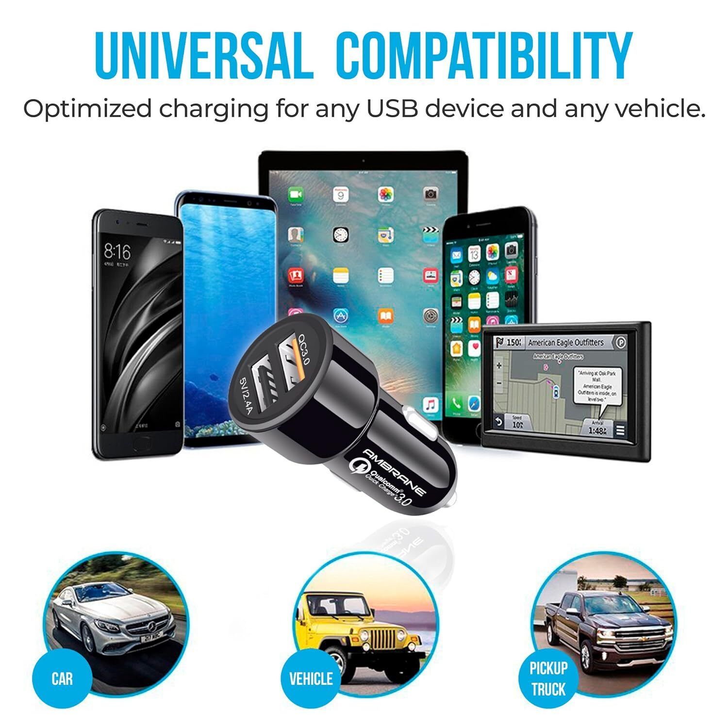 Ambrane 30W Fast Car Charger with Dual Output, Qualcomm Quick Charge 3.0 (ACC11QC, Black)