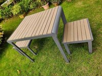 Canteen Table - Powder-coated Steel Frame, 60x75 Cm, Wooden & Grey | Weather-resistant Teak Plywood Slats, No Assembly Required, Minimalistic Design