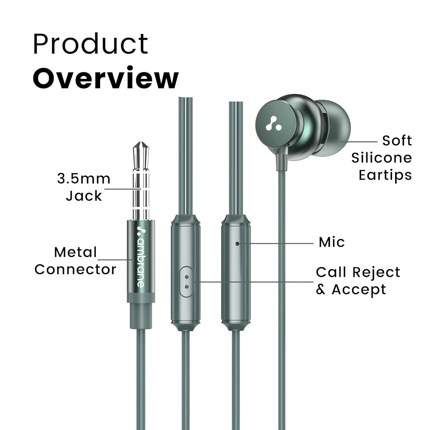 Ambrane Stringz 38 Wired Earphones with Mic, Comfort in-Ear Fit, 3.5mm Jack (Green)