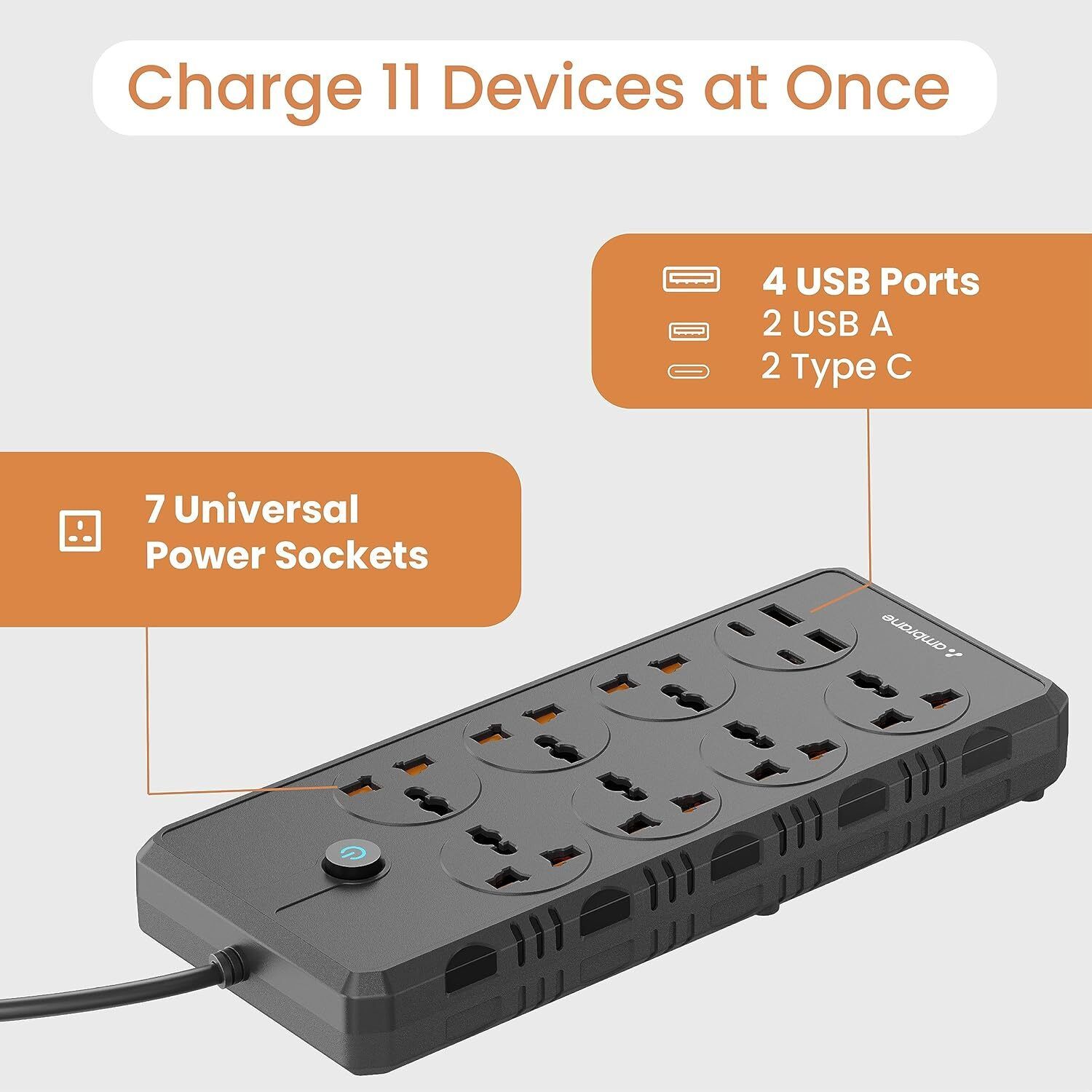 Ambrane Extension Board, Smart Electric Surge Protector Multi Plug with 2500W (Smartstrip +, Black)