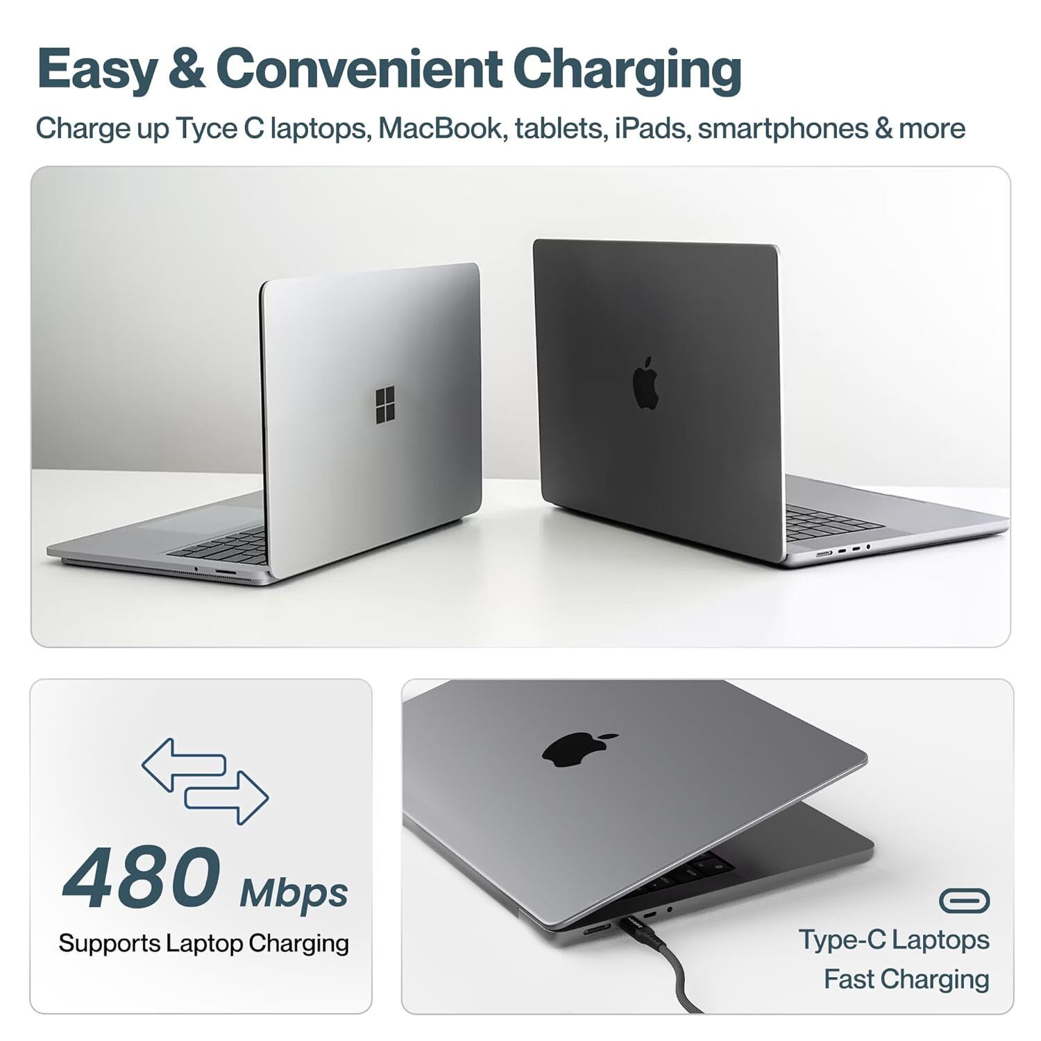 Fast Charging Type C to Type C Cable for Smartphones, Tablets, Laptops, etc, 480Mbps Data Sync