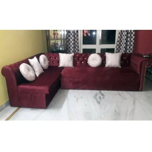 Maroon Velvet L Shape Convertible Sofa Bed