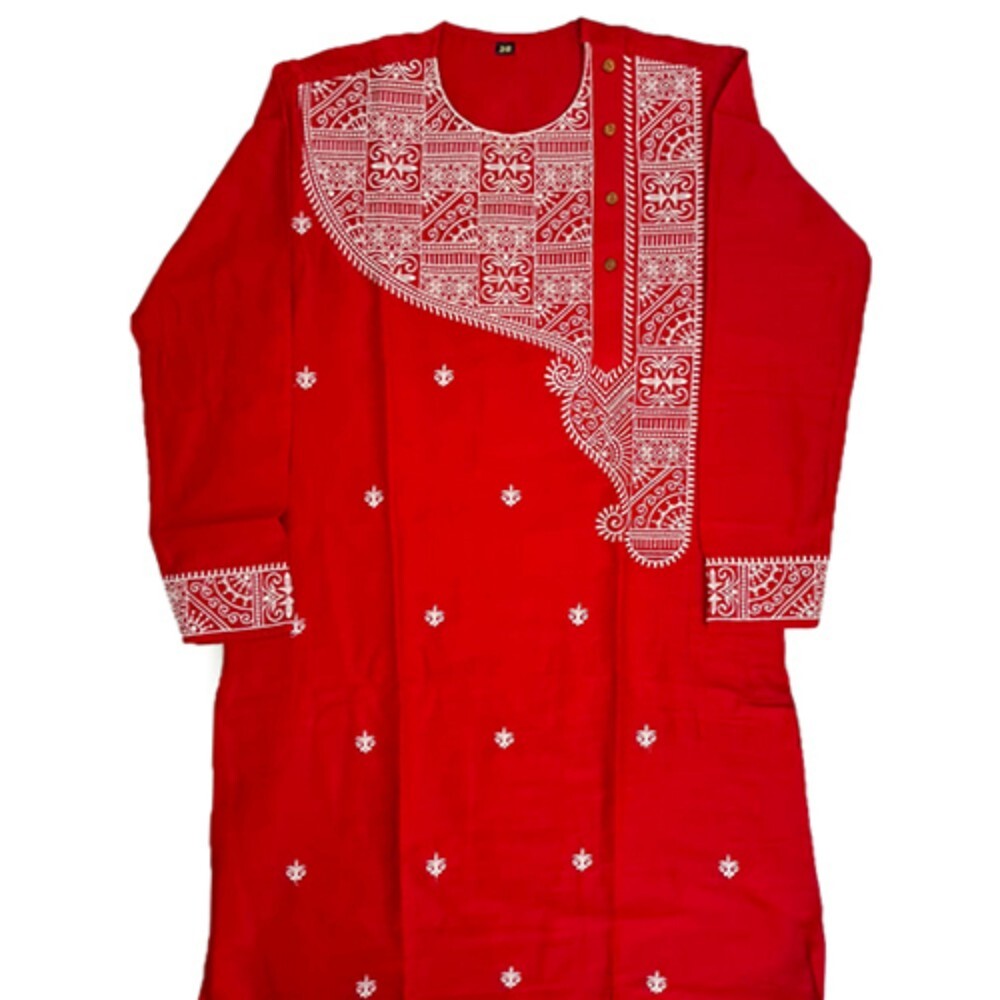 Mens Red Embroidered Kurta - Color: Multicolour