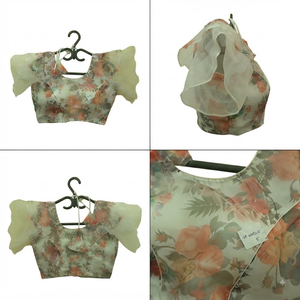 Ladies White Net Floral Printed Blouse - Decoration Material: Fur