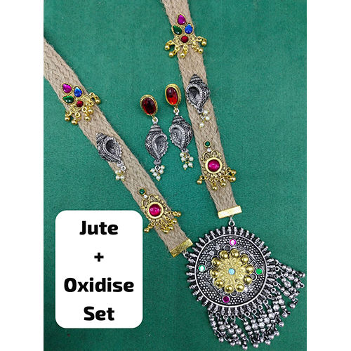 Jute And Oxidise Necklace Set - Color: Multicolor