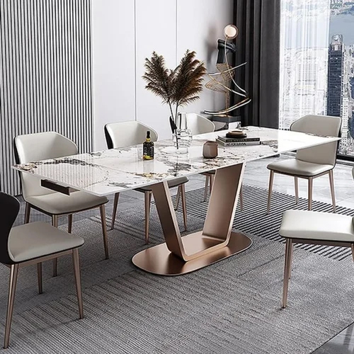 Rectangular Mild Steel Marble Dining Table 6 Seater