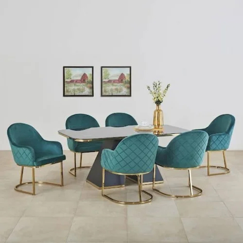 Stainless Steel Metal Rectangular Marble 6 Seater Dining Table