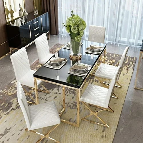 Rectangular Metal Glass Italian Marble Top Dining Table With Chair
