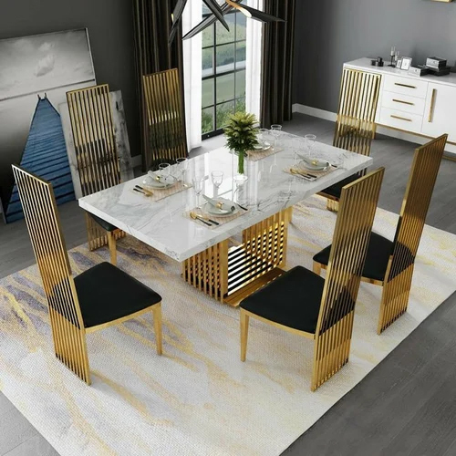 Rectangular Marble Top Dining Table with 6 Seater