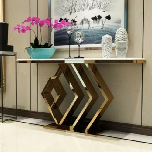 Metal Square Brown SS Console Table In Geometric Pattern
