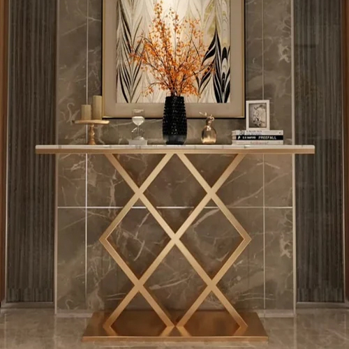 Golden Stainless Steel Geometric Criss Cross Pattern Contemporary Console Table