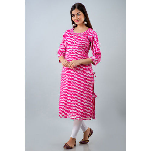 Pink Lehriya Cotton Kurti - Feature: Washable