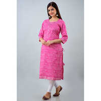 Pink Lehriya Cotton Kurti - Feature: Washable