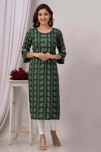 Straight Green Rayon Kurti - Feature: Quick Dry