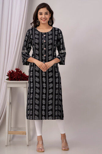 Straight Black Rayon Kurti - Feature: Washable