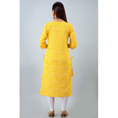 Yellow Lehriya Cotton Kurti - Feature: Quick Dry