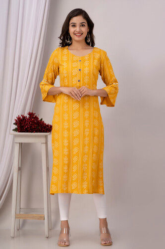 Straight Yellow Rayon Kurti - Feature: Quick Dry