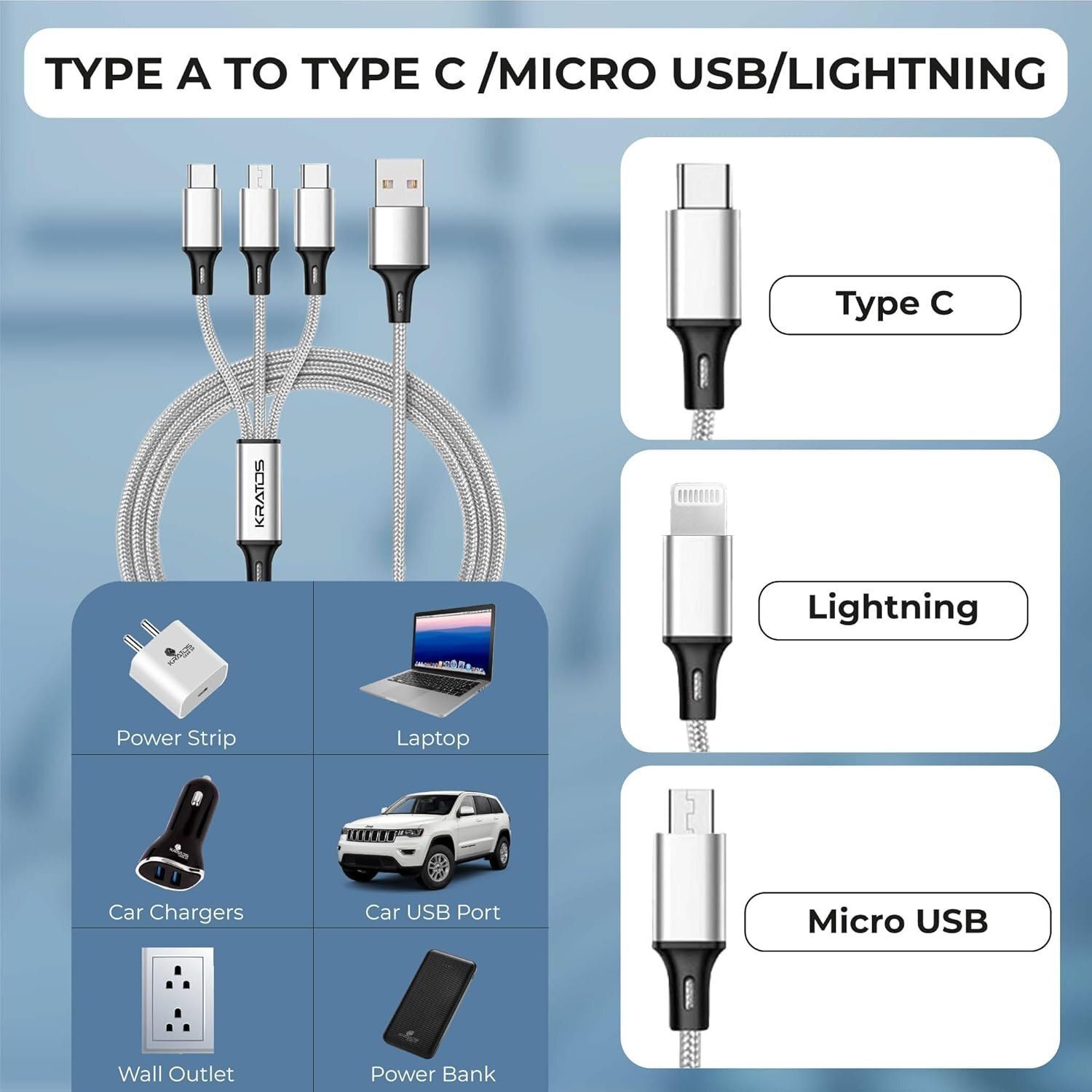 1.2 Mtr 3 in 1 Charging Cable, Type C and Micro USB ports, Fast charging cable for Smartphones, etc