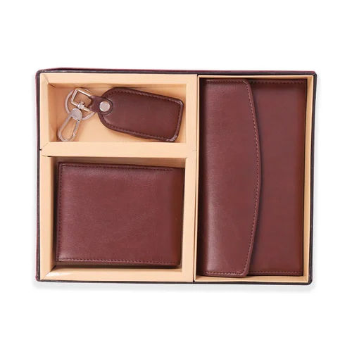 3 In 1 Pu Leather Gifts Set - Color: Brown