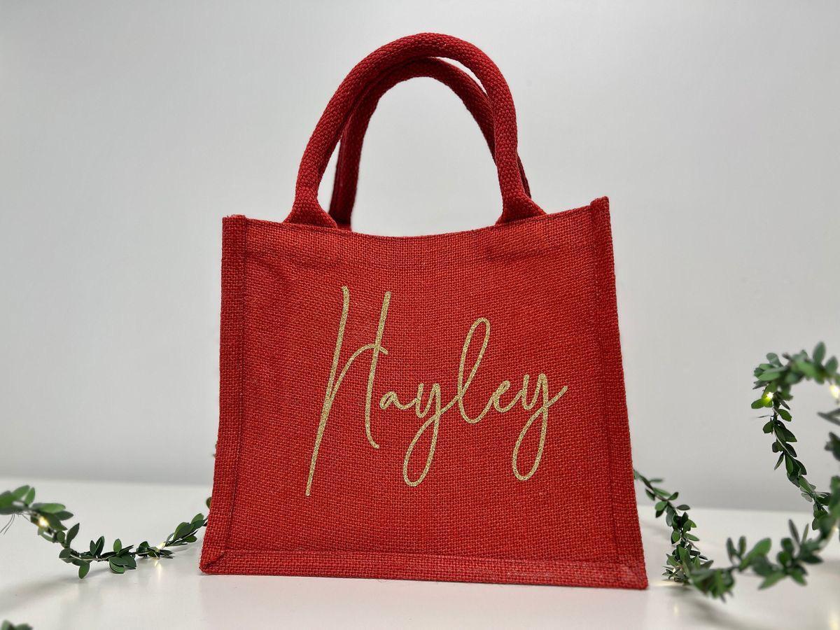 Red Jute Bag Embroidery Design Inner Coated Fabric Woven Material Handled Ladies Gifts Promotions