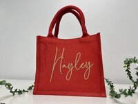 Red Jute Bag Embroidery Design Inner Coated Fabric Woven Material Handled Ladies Gifts Promotions