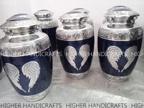 Angle Wings Engraved Human Cremation Urn for Adult Ashes Blue Enameled Finish Urns - Funeral Urns Wholesale Supplies