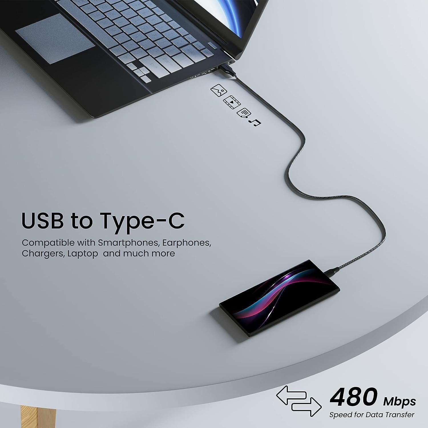 3A Fast Charging 1.5m Braided Type C Cable for Type C devices, 480Mbps, Quick Charge 3.0 (Black)