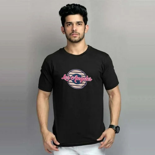 Mens Casual Printed Round Neck Cotton T-shirt - Color: Black