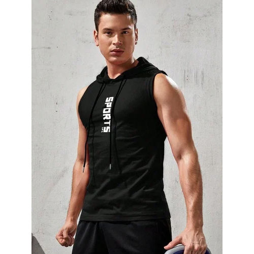 Mens Sleeveless Polyester Hoodies - Color: Black