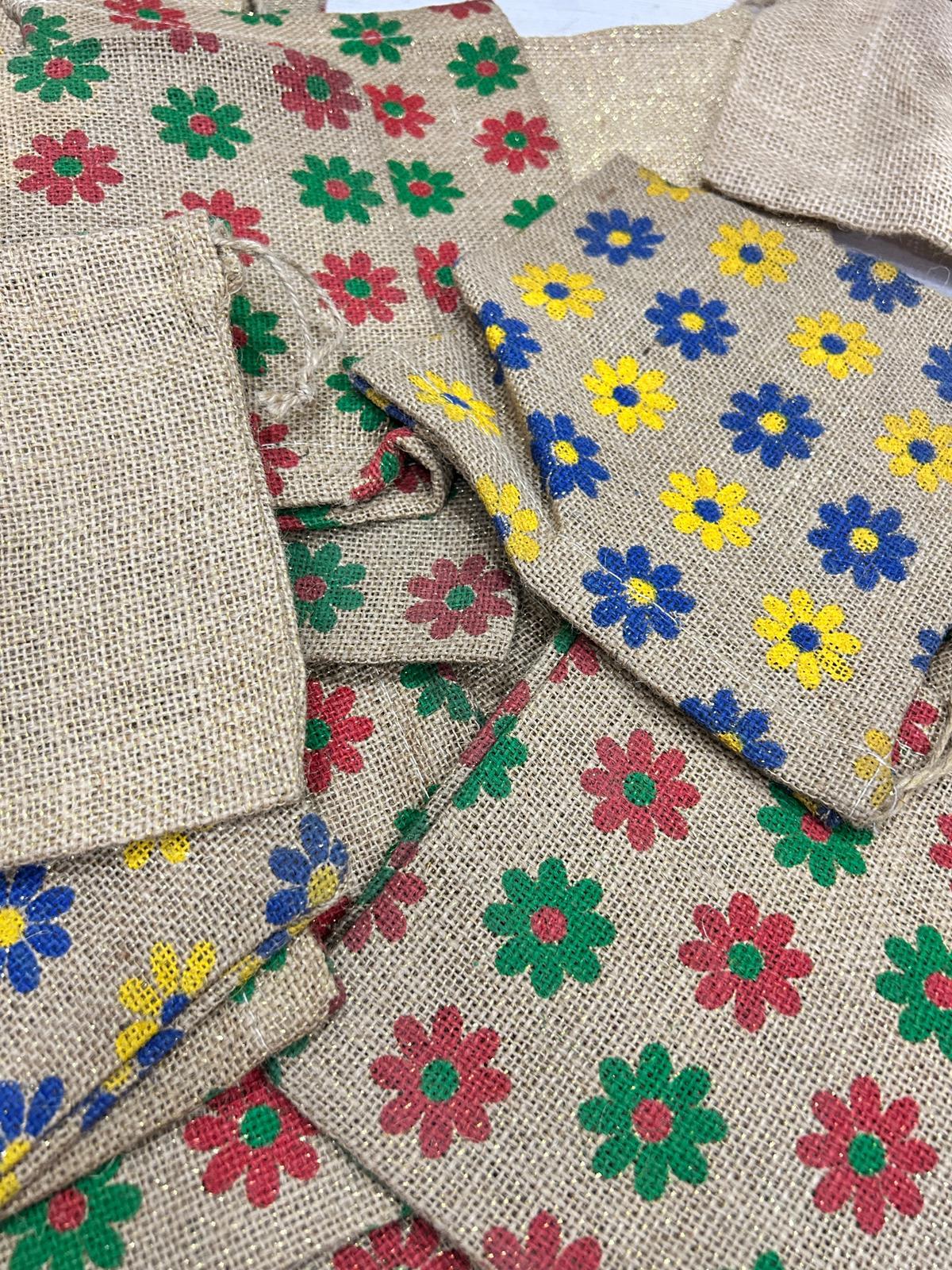 Stylish Flower Printed Natural Jute Pouch for Shopping Elegant Eco-Friendly Bags .