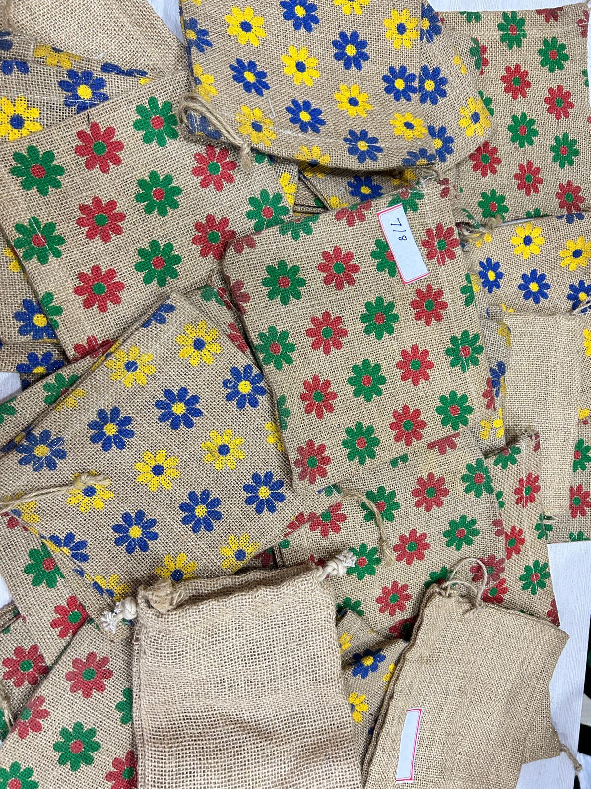 Stylish Flower Printed Natural Jute Pouch for Shopping Elegant Eco-Friendly Bags .