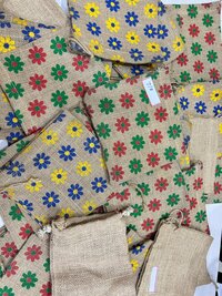 Stylish Flower Printed Natural Jute Pouch for Shopping Elegant Eco-Friendly Bags .